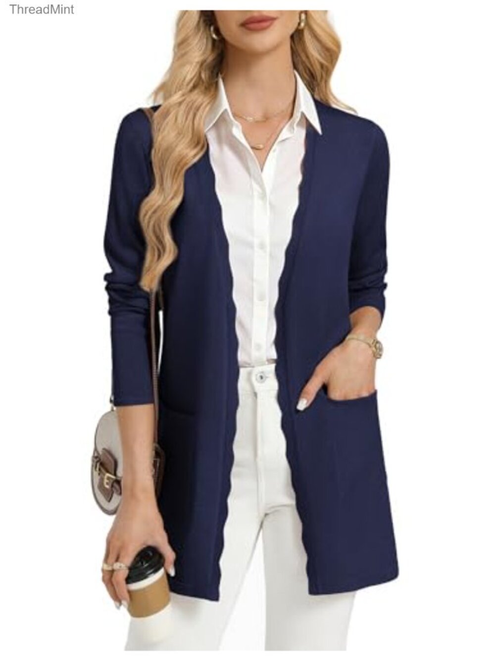 Long Cardigan Sweater Open Front Mid-Thigh Knit Lightweight with Pockets